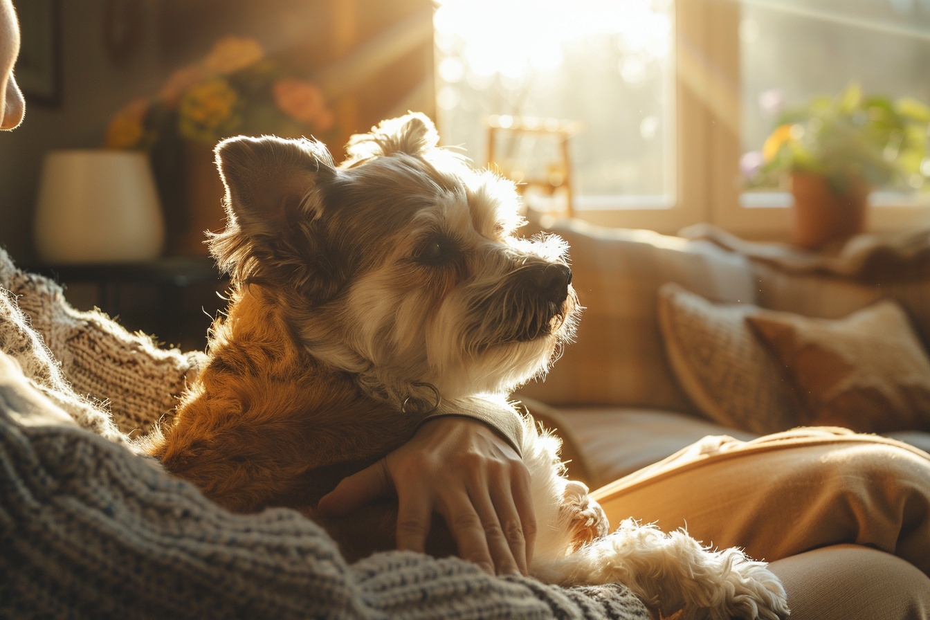 Vieux chien heureux se reposant dans sa nouvelle maison à Drancy après un déménagement sans stress